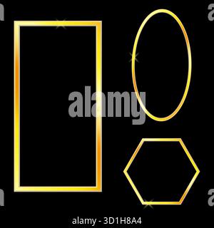 Set di cornici dorate. Bordi metallici lucidi. Eleganti forme di lusso. Sfondo nero vettoriale. Illustrazione Vettoriale