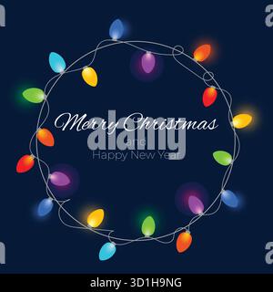 Cornice circolare di ghirlande colorate per le feste natalizie. Incandescenti luci natalizie Wreath per il design dei biglietti di auguri natalizi. Luci accese Garland Illustrazione Vettoriale