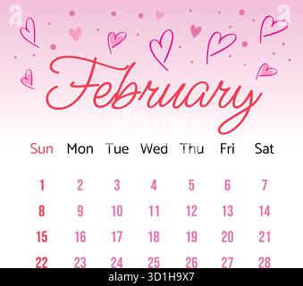 Pagina del calendario di febbraio 2026 con carini cuori rosa. La settimana inizia domenica. Stile piatto illustrazione vettoriale. Piano di progettazione carino per la pianificazione, organo Illustrazione Vettoriale