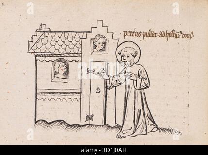 Pagina da un postile sugli atti degli Apostoli, sull'Apocalisse e sulle lettere canoniche, scritte nel 1405-1407 dal sacerdote di Friburgo Rüdiger Schopf. In questa pagina Pietro usa le chiavi del cielo e dell'inferno per aprire le porte ai credenti per entrare nella Chiesa. Foto Stock