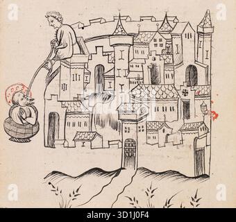 Pagina da un postile sugli atti degli Apostoli, sull'Apocalisse e sulle lettere canoniche, scritte nel 1405-1407 dal sacerdote di Friburgo Rüdiger Schopf. Questa pagina mostra Saul che fugge dalla città di Damasco in un cestino. Foto Stock