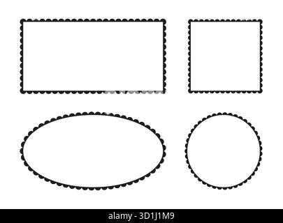 Icone dei fotogrammi smerlati. Bordi smerlati quadrati, rettangolari, ellissi, forme circolari. Etichettare i modelli di moduli. Set di campioni di montature in pizzo silhouette. Astratto Illustrazione Vettoriale