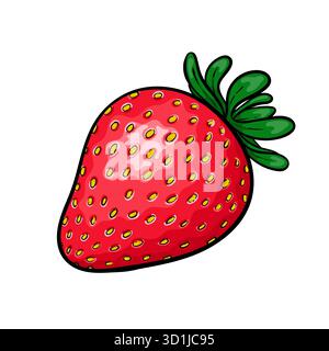 Set di bellissime fragole rosse cartoni animati con testo di scrittura fragola. simbolo dell'estate. design per biglietti d'auguri natalizi e invito stagionale Illustrazione Vettoriale