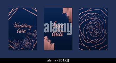 Set di biglietti d'invito per matrimoni di lusso con linee geometriche poligonali dorate e profili di rose in oro rosa. Biglietto d'auguri per matrimonio, compleanno, Valenti Illustrazione Vettoriale