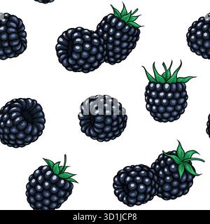 modello blackberry senza cuciture con contorno bianco su sfondo blu, simbolo dell'estate. disegna un biglietto d'auguri e un invito per le festività Illustrazione Vettoriale