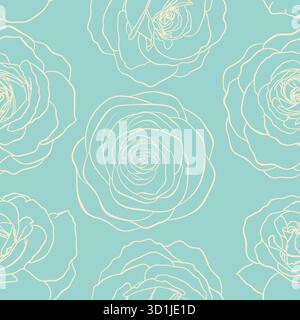 Splendido motivo monocromatico senza cuciture con rose lineari. Linee di contorno tracciate a mano. design biglietto di auguri e invito al matrimonio, compleanno Illustrazione Vettoriale