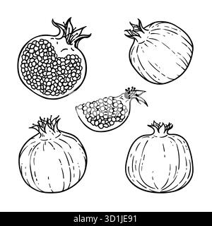 Set di melograni bianchi e neri. Cibo vegetariano sano. Stile fumetti cartoni animati con contorno. Decorazione per biglietti d'auguri, poster, patch Illustrazione Vettoriale