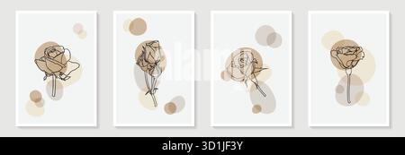 Set di creativi disegni a mano minimalisti contorno floreale biege pastello forma semplice per la decorazione di pareti, cartoline o copertine per brochure Illustrazione Vettoriale