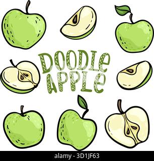 Set di mele verdi doodle con gambo e foglia. Cibo vegetariano sano. Stile fumetti cartoni animati con contorno. Decorazione per biglietti d'auguri e poster Illustrazione Vettoriale