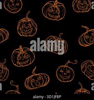 Halloween, con zucche bianche e nere e scolpite con simpatici e sorridenti volti luccicanti. disegna il biglietto di auguri e l'invito per le festività Illustrazione Vettoriale