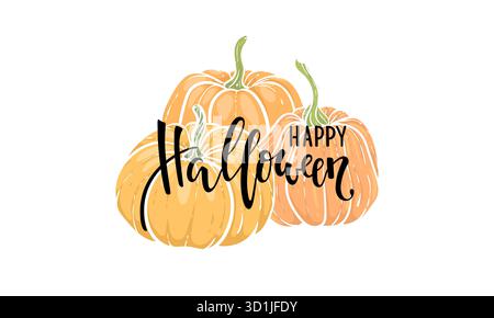 Zucche arancioni decorative con scritta calligrafica creativa Happy halloween. design per biglietti d'auguri e inviti, volantini, poster Illustrazione Vettoriale