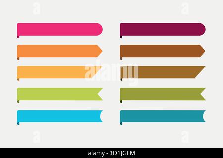 Set di striscioni orizzontali colorati: Etichette piatte, etichette a nastro, elementi dell'interfaccia utente e raccolta vettoriale di strisce infografiche Illustrazione Vettoriale