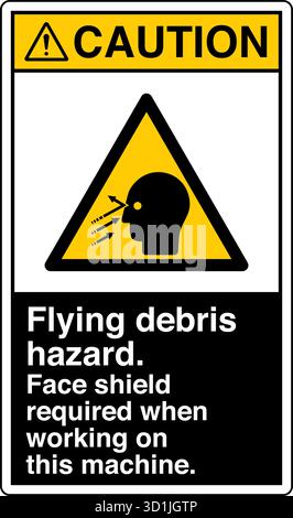 Segnale di sicurezza – pericolo di detriti volanti avvisa di potenziali lesioni causate da particelle o oggetti espulsi durante il funzionamento. Indica la necessità di occhio e viso p Illustrazione Vettoriale