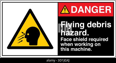 Segnale di sicurezza – pericolo di detriti volanti avvisa di potenziali lesioni causate da particelle o oggetti espulsi durante il funzionamento. Indica la necessità di occhio e viso p Illustrazione Vettoriale