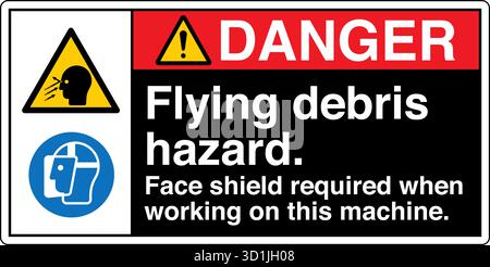 Segnale di sicurezza – pericolo di detriti volanti avvisa di potenziali lesioni causate da particelle o oggetti espulsi durante il funzionamento. Indica la necessità di occhio e viso p Illustrazione Vettoriale