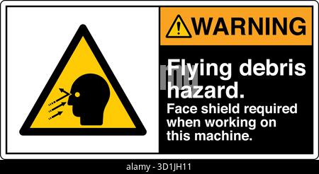 Segnale di sicurezza – pericolo di detriti volanti avvisa di potenziali lesioni causate da particelle o oggetti espulsi durante il funzionamento. Indica la necessità di occhio e viso p Illustrazione Vettoriale