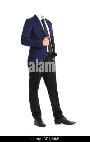 Ritratto a figura intera di un uomo d'affari senza testa su sfondo bianco Foto Stock