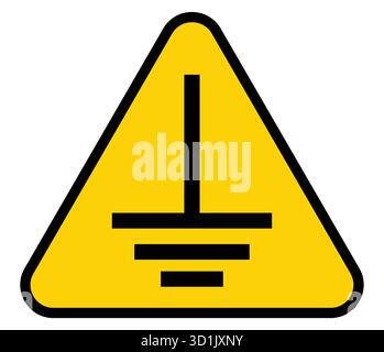 Questa immagine presenta un segnale di avvertimento triangolare giallo che indica la sicurezza della messa a terra. Il simbolo evidenzia l'importanza dell'elettricità e della sicurezza Illustrazione Vettoriale