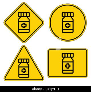 Questo set presenta quattro icone mediche con bottiglie da prescrizione su vivaci sfondi gialli. Ideale per progetti sanitari e farmaceutici, Illustrazione Vettoriale