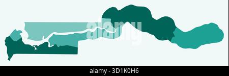 Mappa del Gambia con le regioni. Solo una semplice mappa di confine con la divisione della regione. Tavolozza dei colori ottanio. Forma piatta Gambia con divisione amministrativa. Illustrazione Vettoriale