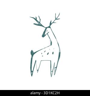 Illustrazione scandinava del cervo in stile folk con eleganti corna e design minimalista nordico, perfetto per biglietti e stampe natalizie Illustrazione Vettoriale