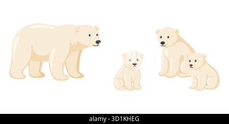 Carino cartone animato che raffigura una madre di orso polare con i suoi tre adorabili cuccioli. Perfetto per libri per bambini, materiale didattico o pr a tema invernale Illustrazione Vettoriale