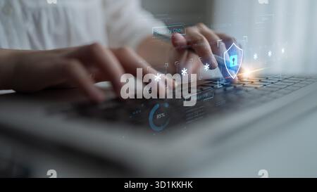 Un concetto di sistema di sicurezza informatica avanzato. L'interfaccia futuristica mostra un processo di autenticazione a più fattori che utilizza una password o un PIN sicuro per Foto Stock