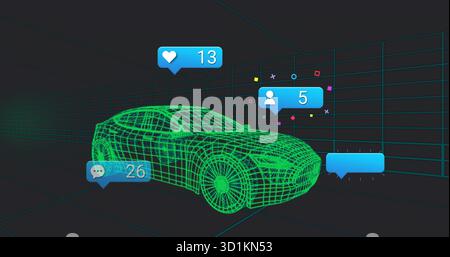 Visualizzazione del modello di auto a reticolo 3D verde neon mobile nella sala griglia virtuale, con icone di notifica Foto Stock