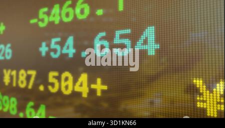 Visualizzazione del biglietto a LED che mostra le cifre di mercato al porto, con il simbolo dello yen e i segni meno Foto Stock