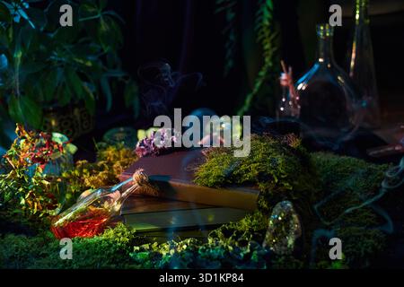 la scena misteriosa presenta un libro marrone scuro poggiato su muschio lussureggiante con una piccola bottiglia di liquido rosso e fiale di vetro nelle vicinanze. La luce soffusa viene filtrata Foto Stock