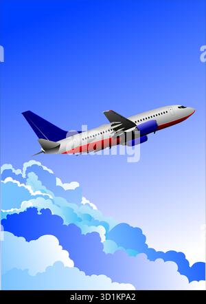 Illustrazione di un aereo passeggeri che vola sopra le nuvole in un cielo blu. Illustrazione disegnata a mano Illustrazione Vettoriale