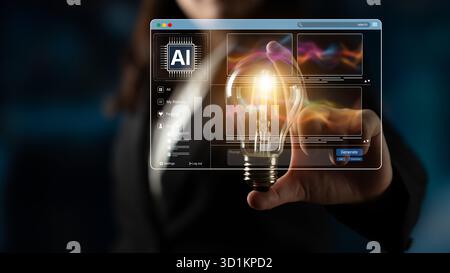 Piattaforma DI INTELLIGENZA ARTIFICIALE che genera immagini artistiche con interfaccia dinamica. I contenuti generati DALL'INTELLIGENZA artificiale vengono visualizzati nella galleria di immagini vista intelligenza artificiale. Intelligenza artificiale genrativa Foto Stock