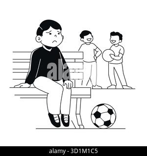 Bambino escluso sul banco - illustrazione del design piatto bianco e nero Illustrazione Vettoriale