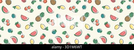 Splendido motivo senza cuciture con simpatici schizzi di frutta a doodle. Sfondo alla moda disegnato a mano. progettare biglietti d'auguri e inviti in background Illustrazione Vettoriale