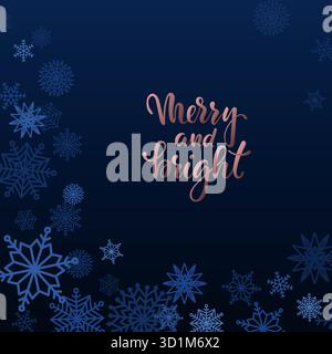 Scritta a penna allegra e brillante disegnata a mano con cornice rosa dorata su sfondo blu con fiocchi di neve. Modello alla moda di buon Natale Illustrazione Vettoriale
