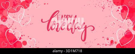 Buona notte di San Valentino con pennello. spruzzo acquerello e sfondo cuori lineari. disegna un biglietto d'auguri e un invito per le festività Illustrazione Vettoriale