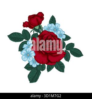 bellissimo bouquet con rose rosse e foglie. Composizione floreale Illustrazione Vettoriale