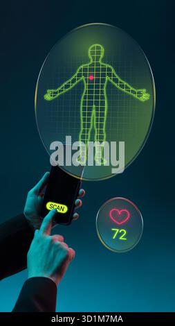 Opere d'arte moderne. Smartphone scansione ologramma del corpo umano con dati sulla salute e visualizzazione della frequenza cardiaca Foto Stock