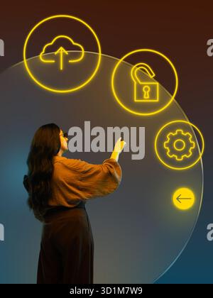 Composizione grafica. Donna che tocca le icone olografiche del cloud carica la sicurezza e le impostazioni digitali Foto Stock