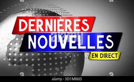 Ultime notizie dal vivo in francese con mappa del mondo in background - illustrazione 3D. Foto Stock