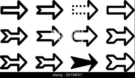 Set di icone freccia con dodici design neri unici nel layout della griglia per l'interfaccia utente, la direzione, il movimento e i temi di progettazione grafica Illustrazione Vettoriale