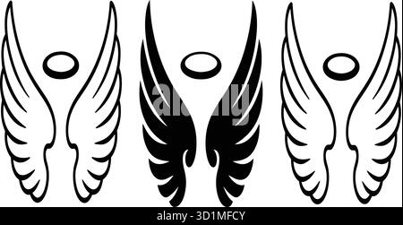 Set di ali d'angelo e silhouette alone con tre disegni simmetrici in bianco e nero per temi spirituali, simbolici e decorativi Illustrazione Vettoriale
