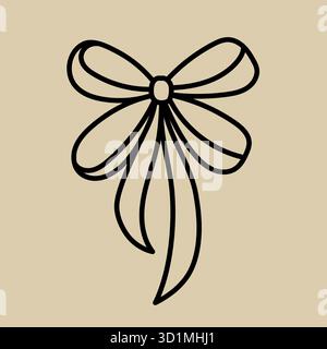 Semplice contorno nero di un fiocco decorativo con lunghi nastri scorrevoli su sfondo beige. Illustrazione Vettoriale