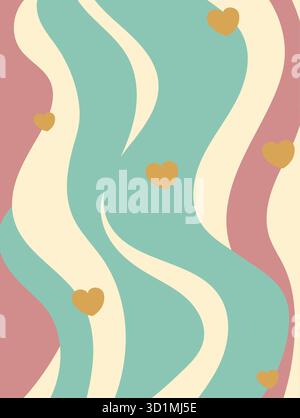 Sfondo ondulato astratto in verde, crema e rosa con forme di cuore gialle sparse. Illustrazione Vettoriale