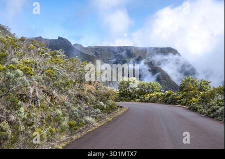 La curvata Route du Volcan si snoda in discesa attraverso il paesaggio contrastante, con cespugli dell'altopiano argenteo-verde e grigio (macchia di Branle) dominati Foto Stock