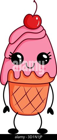 Simpatico personaggio del cono di gelato Kawaii Illustrazione Vettoriale