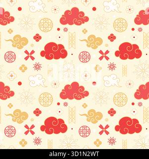 Motivo senza cuciture per il capodanno cinese. Motivo orientale con nuvole, fiori ed elementi asiatici tradizionali su sfondo beige. Illustrazione Vettoriale