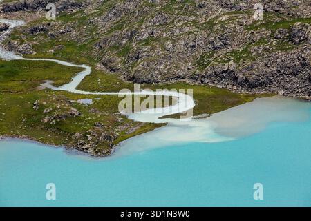 Flusso che scorre dal ghiacciaio al lago Ala-Kul Foto Stock