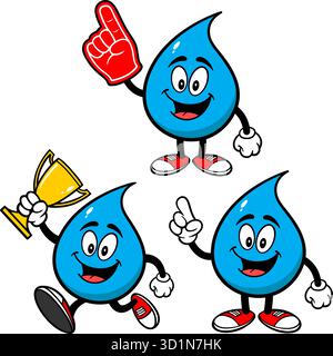 Water Drop Mascot Set 03, illustrazioni disegnate a mano di Water Drop Mascot in varie pose. Illustrazione Vettoriale