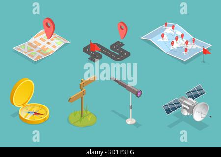 Set piatto isometrico 3D di elementi di navigazione, mappa di navigazione e geolocalizzazione Foto Stock